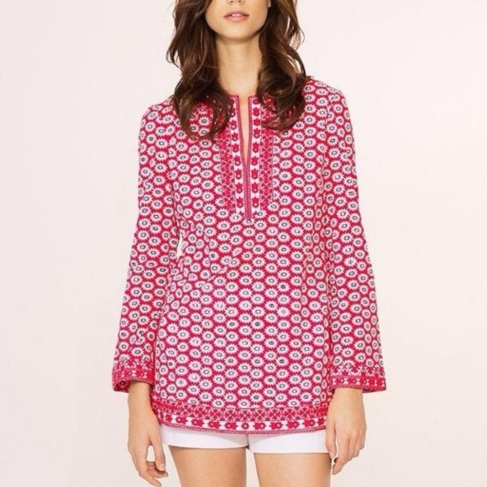 Tory Burch Jayne tunic red daisy floral print sequins embroidery boho spring